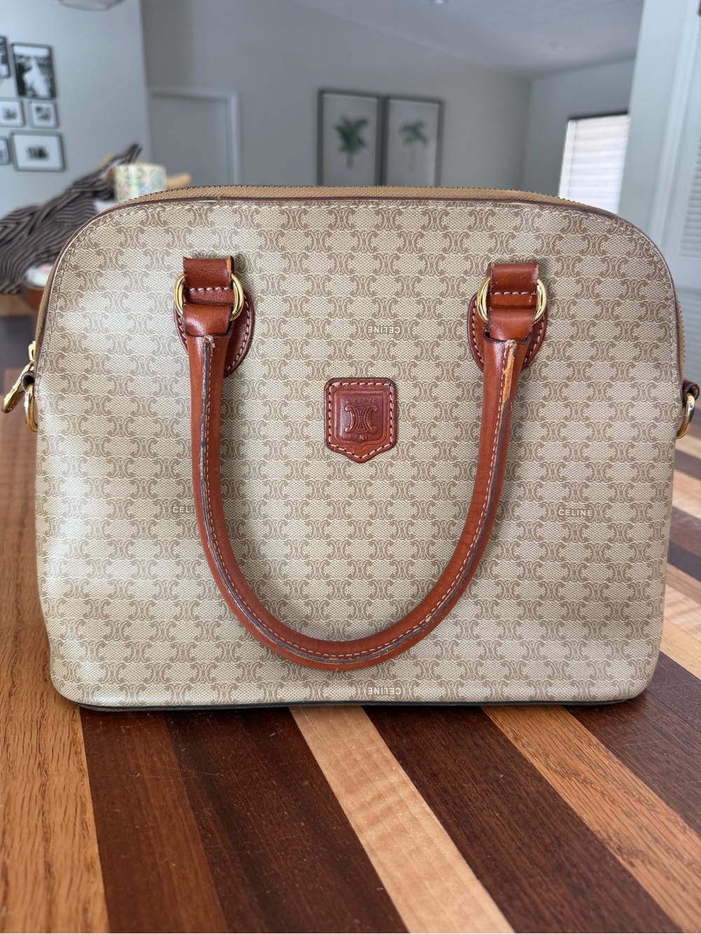 Celine Beige Monogram Dome Satchel with Brown Leather Trim
